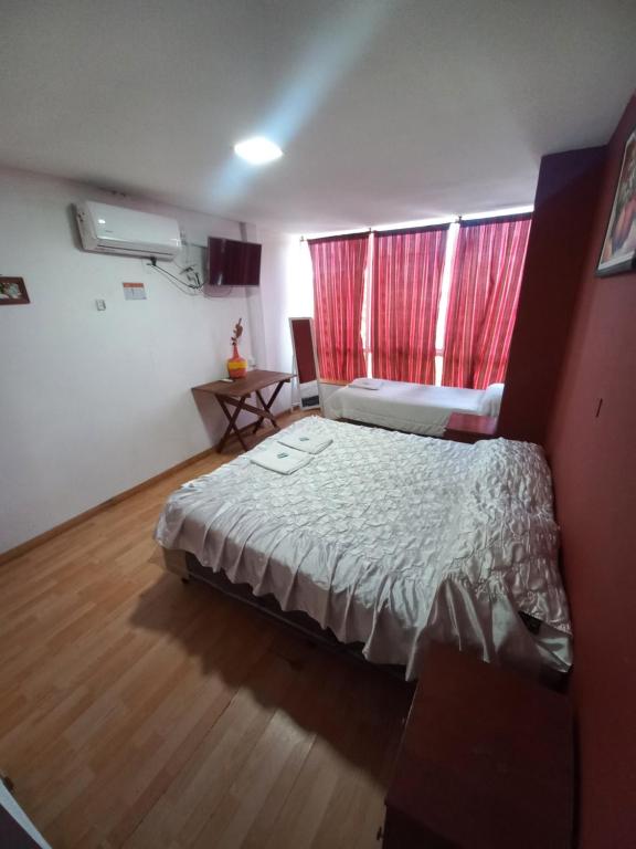 聖薩爾瓦多德胡胡伊的住宿－Hotel Ery Noa，一间卧室配有床和红色窗帘的窗户