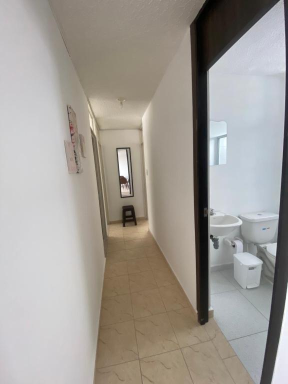 - un couloir avec une salle de bains pourvue de toilettes et d'un lavabo dans l'établissement VIWI aparta suits con asombrosa vista al valle del río magdalena, à Dujos
