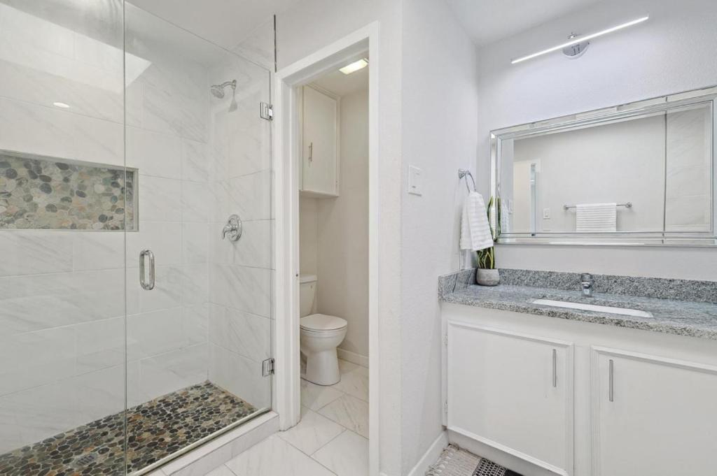 ダラスにあるDallas Retreatのシャワー、洗面台、トイレ付きのバスルーム