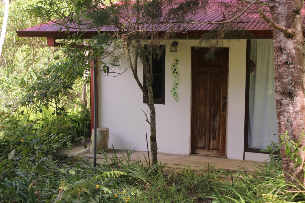 聖何塞的住宿－Cabina de montaña，一间白色的小房子,设有木门