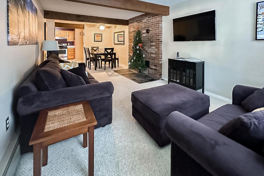 a living room with two couches and a fireplace at 6B The Seasons in Bartlett