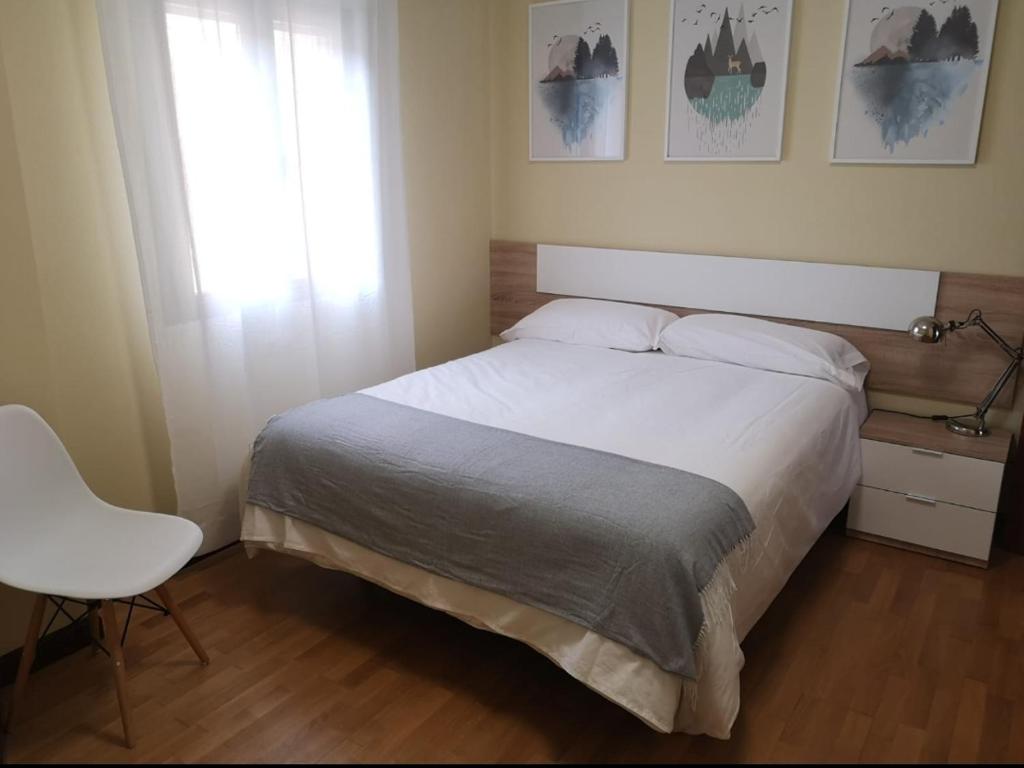 1 dormitorio con 1 cama, 1 silla y 1 ventana en Apartamento las huellas en Arnedillo