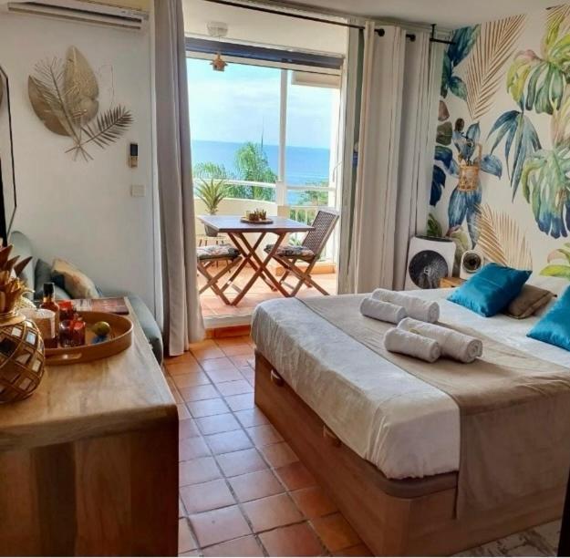 a bedroom with a bed with a view of the ocean at Ti iguane in La Trinité