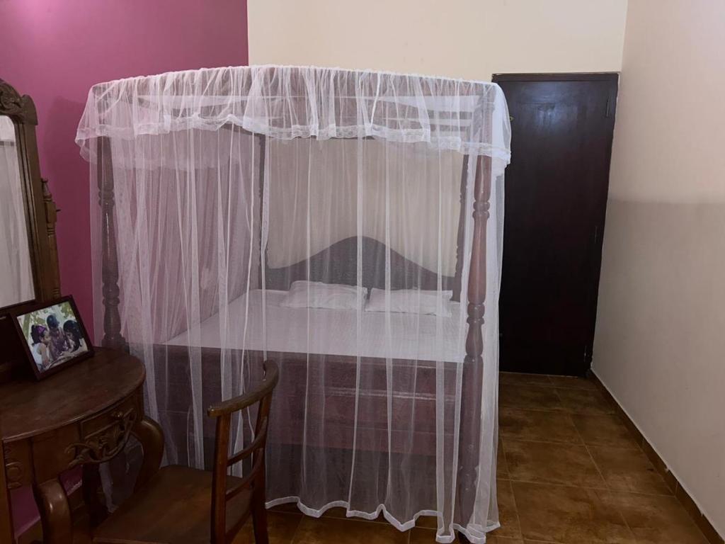 a bedroom with a bed with a white curtain at Keran villa in Wadduwa
