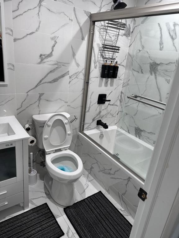 een witte badkamer met een toilet en een douche bij Jfk 6 min couple room in Cedar Manor