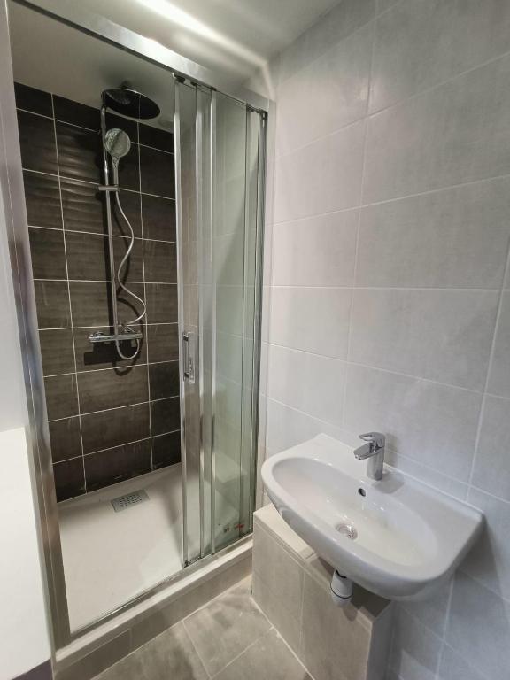 a bathroom with a sink and a glass shower at Chambre avec douche privative in Angers