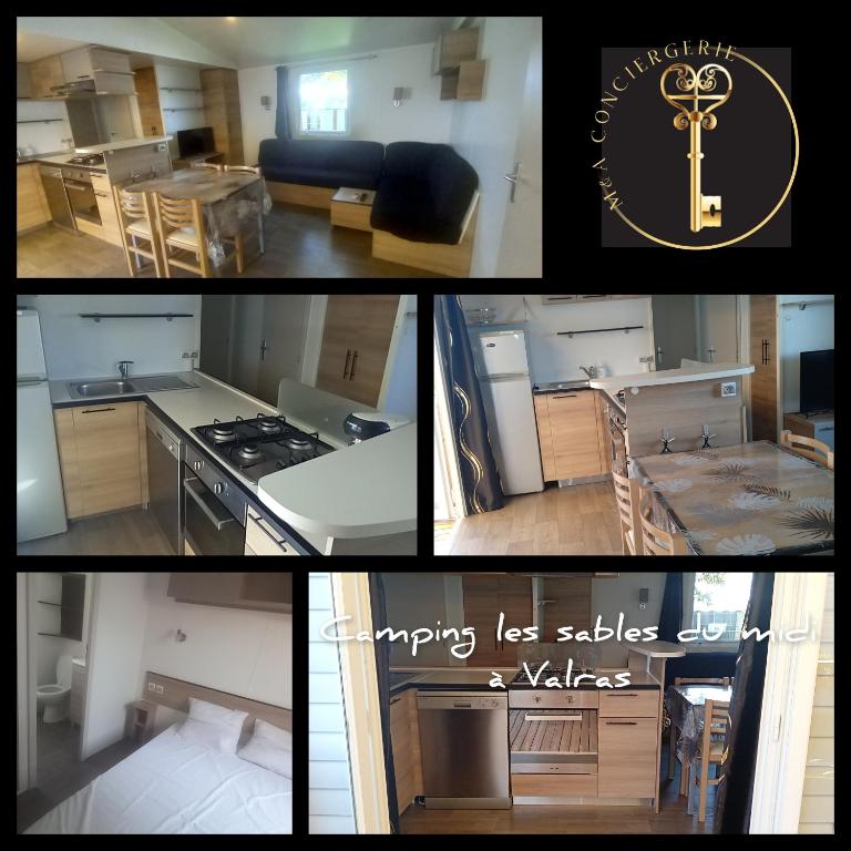 a collage of photos of a kitchen and a living room at Camping SIBLU les sables du midi à Valras in Valras-Plage