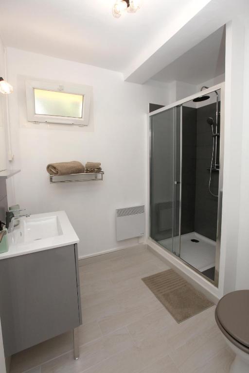 a bathroom with a shower and a sink at Résidence La Source in Toulon