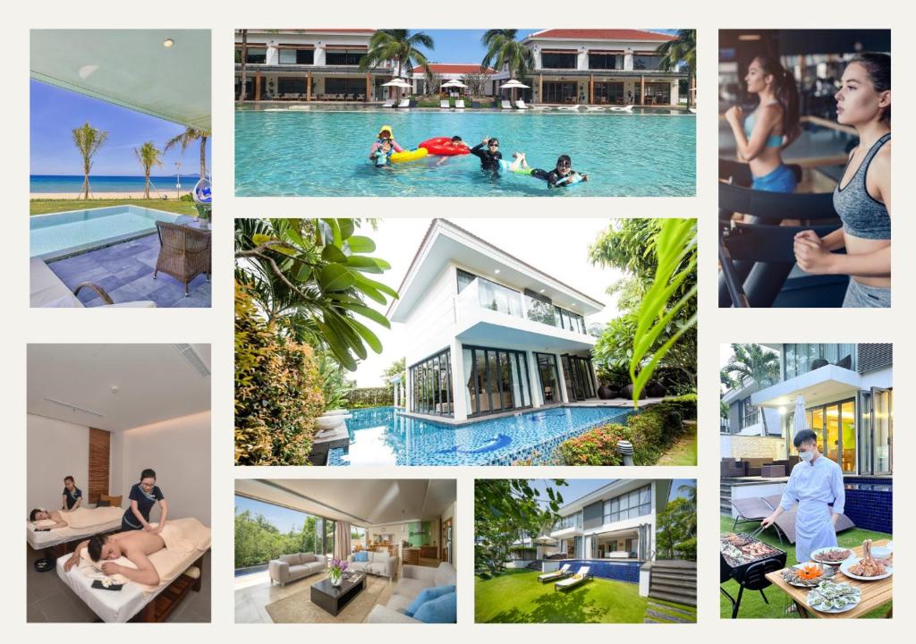 a collage of photos with people in a pool at Luxury Beach Resort Da Nang in Da Nang