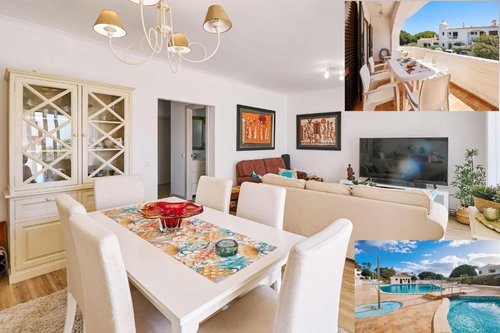 uma sala de estar e de jantar com uma mesa branca e cadeiras em Casa da Praia mit Poolanlage em Porches
