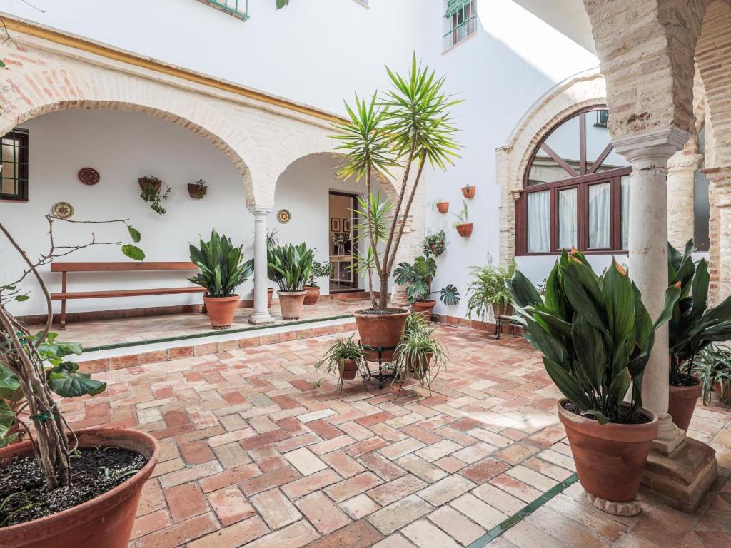 einen Innenhof mit Topfpflanzen in einem Gebäude in der Unterkunft Descanso y paz en la Juderia de Carmona in Carmona