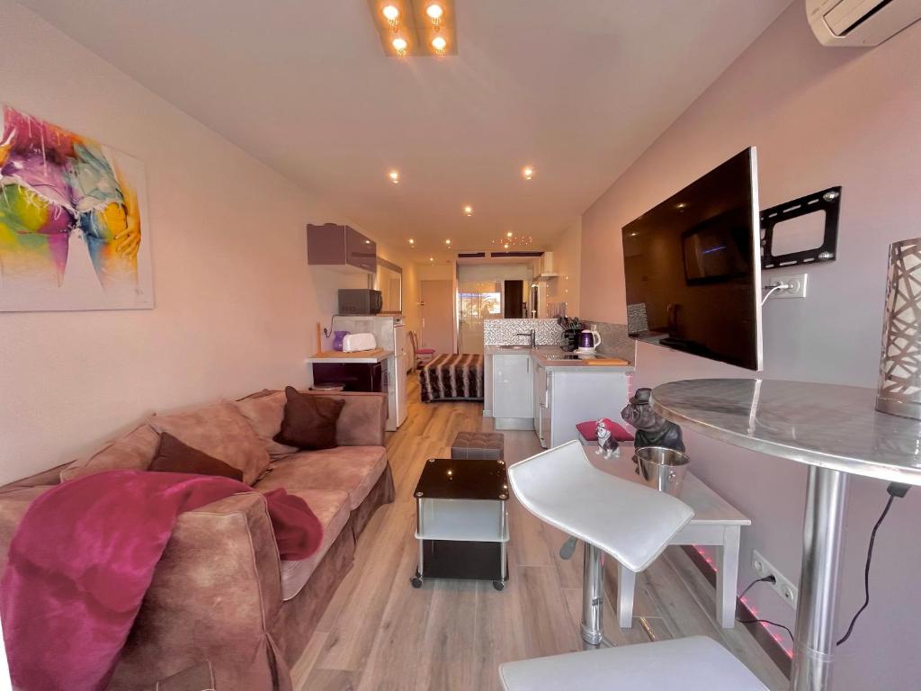 un salon avec un canapé et une table dans l'établissement Residence PORT NATURE by 8-HOMES vue Port, au Cap d'Agde