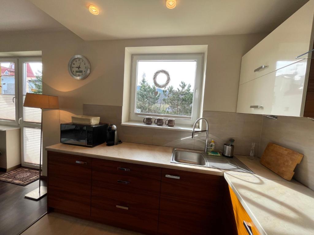 Kuchyň nebo kuchyňský kout v ubytování Apartament Słoneczny na Krzywej