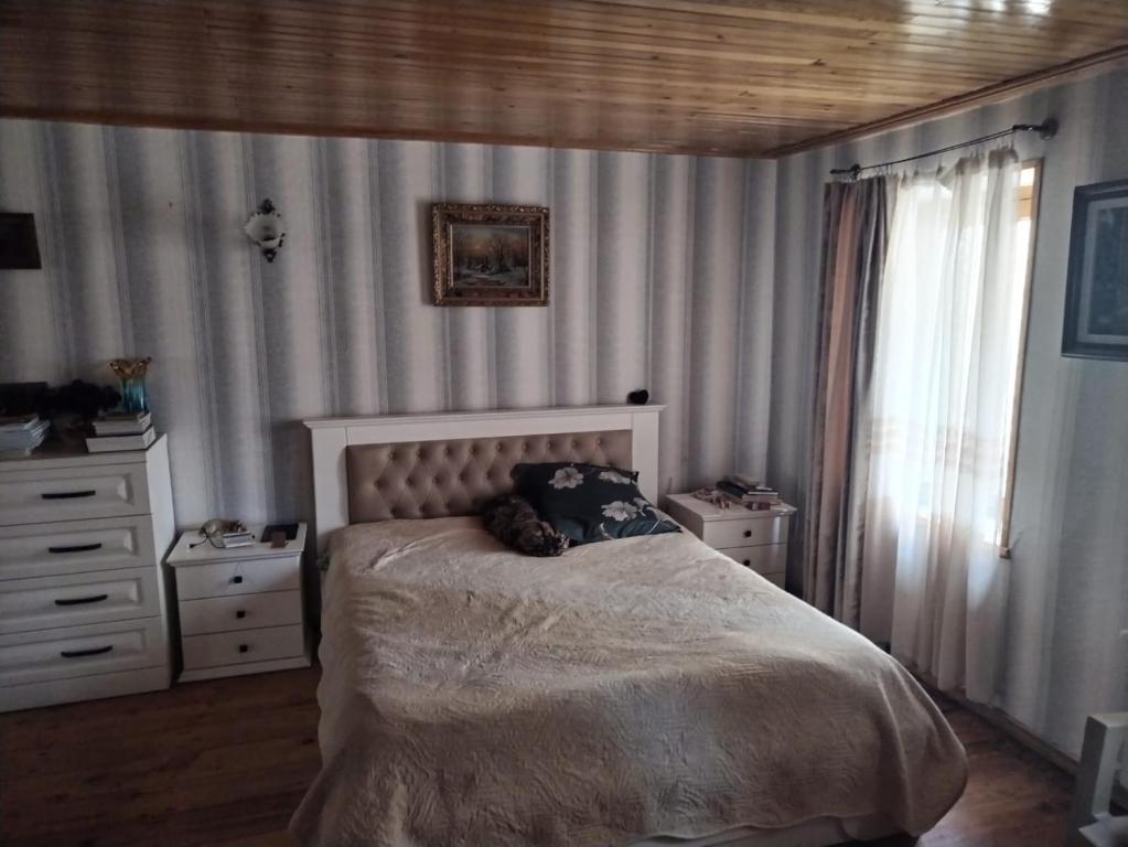 um quarto com uma cama, 2 cómodas e uma janela em Natalie em Tsqnetʼi