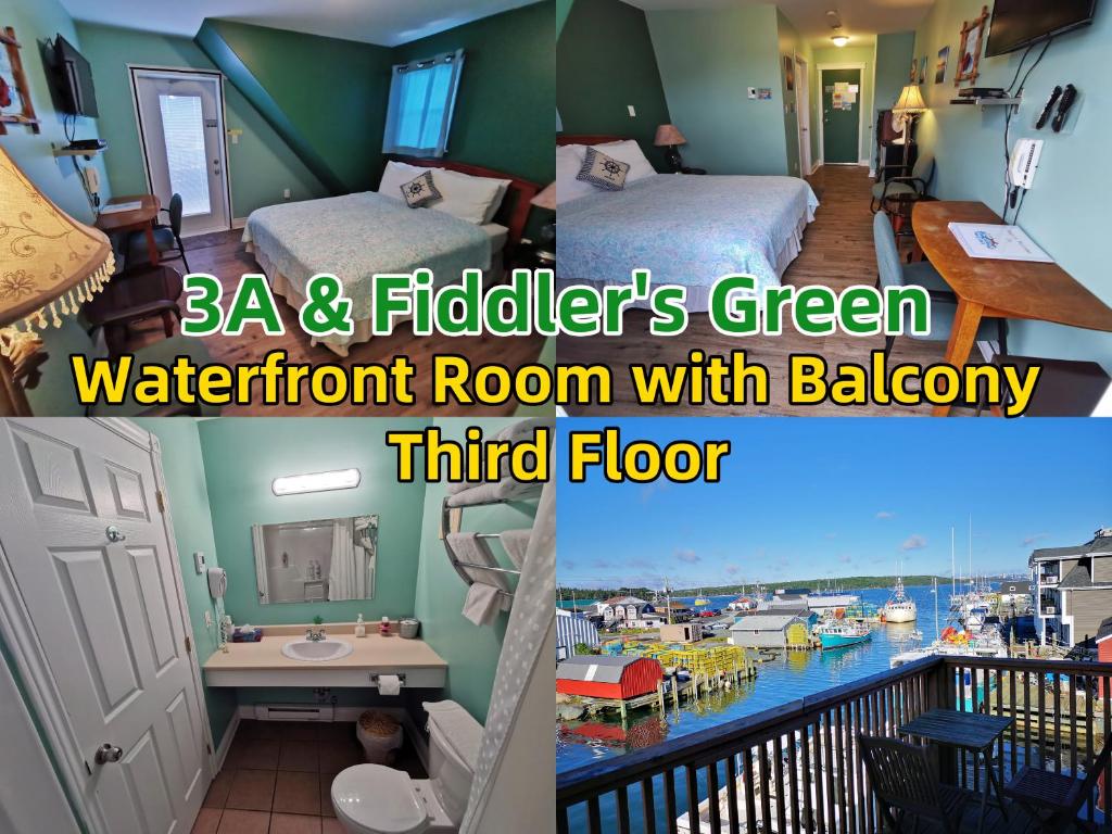 a room with two beds and a balcony with a harbor at The Inn at Fisherman's cove in Halifax