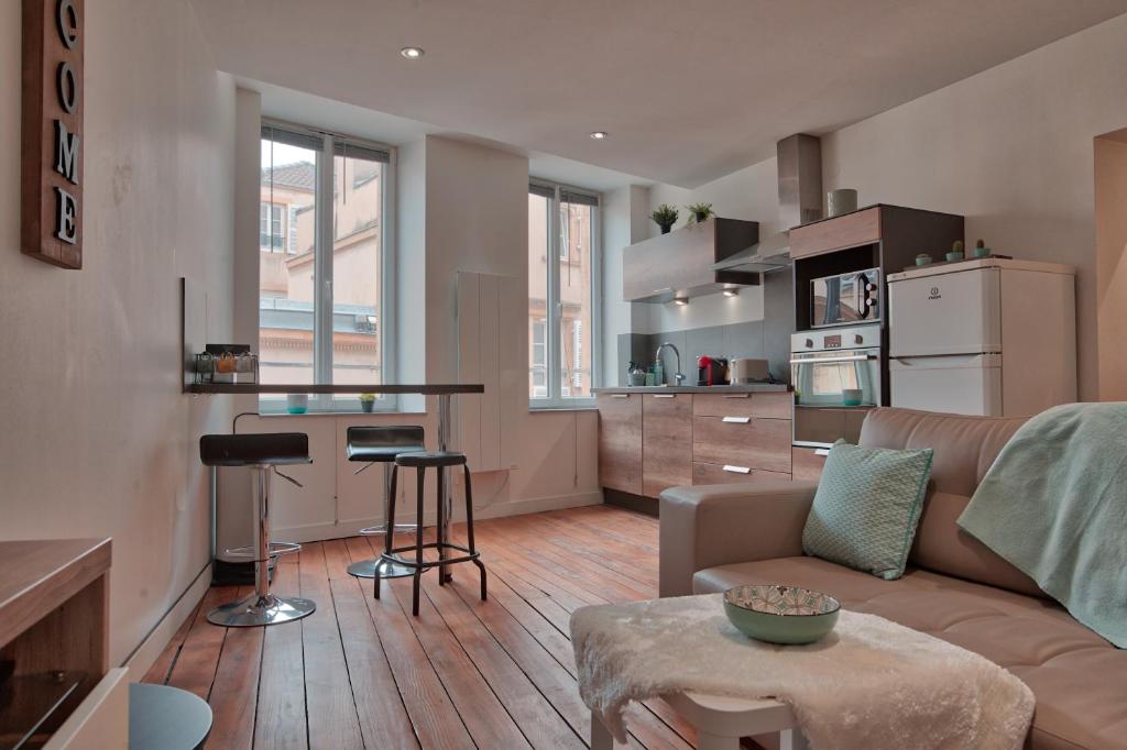 un salon avec un canapé et une cuisine dans l'établissement UnSejourAMetz - Les douillets, du T2 au T3, hyper-centre, à Metz