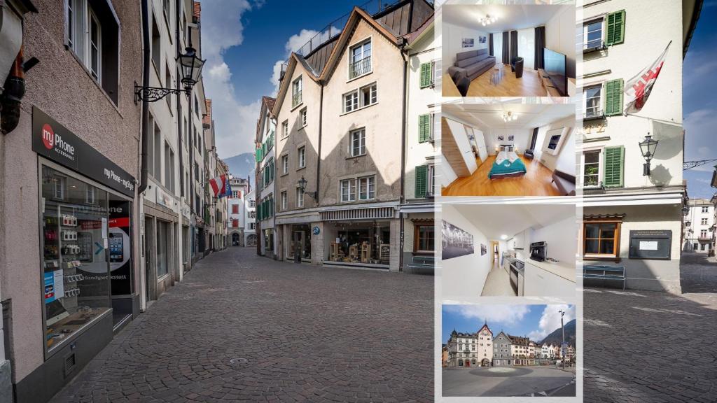 un collage de fotos de una calle con edificios en Zentrale 2,5 Altstadtwohnung - Boxspringbett - Smart TV, en Chur