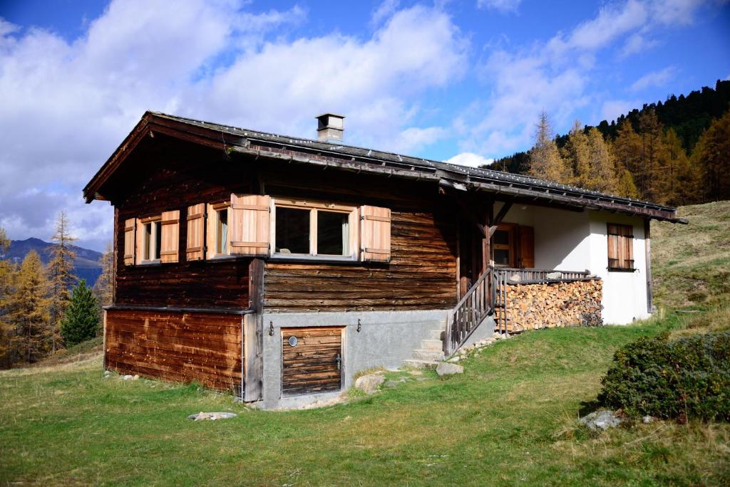 a wooden house on a hill with a green field at Zauberberg in voller Pracht in Sertig Döfli