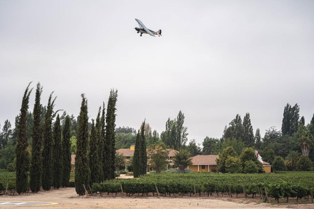Un aereo che vola nel cielo sopra un giardino di Viña La Playa Hotel & Winery a Santa Cruz