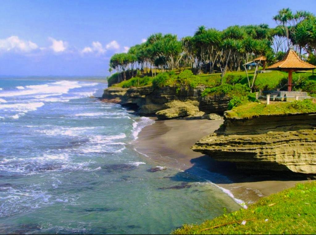 - une vue sur la plage avec des arbres et l'océan dans l'établissement Eleven villa 1, à Pangandaran