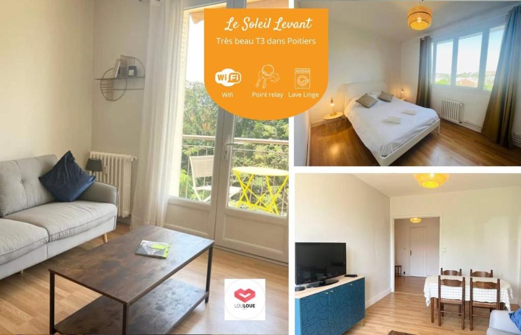 een collage van drie foto's van een woonkamer bij Le Soleil Levant - Beau T3 moderne et lumineux in Poitiers