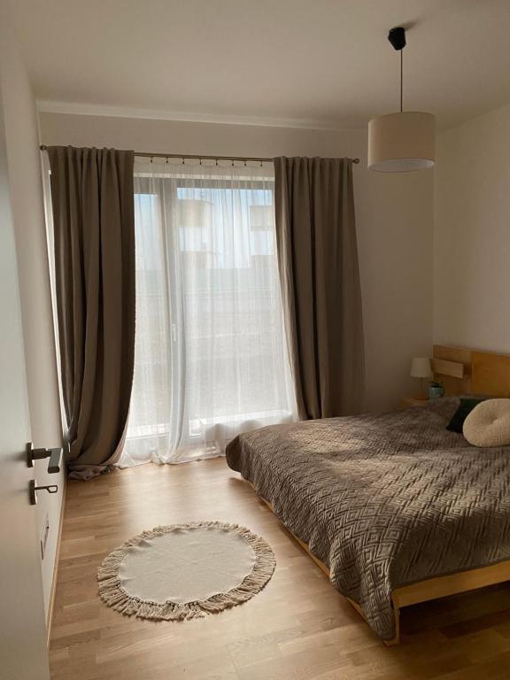 a bedroom with a bed and a large window at Apartman s terasou, v novostavbe in Prague