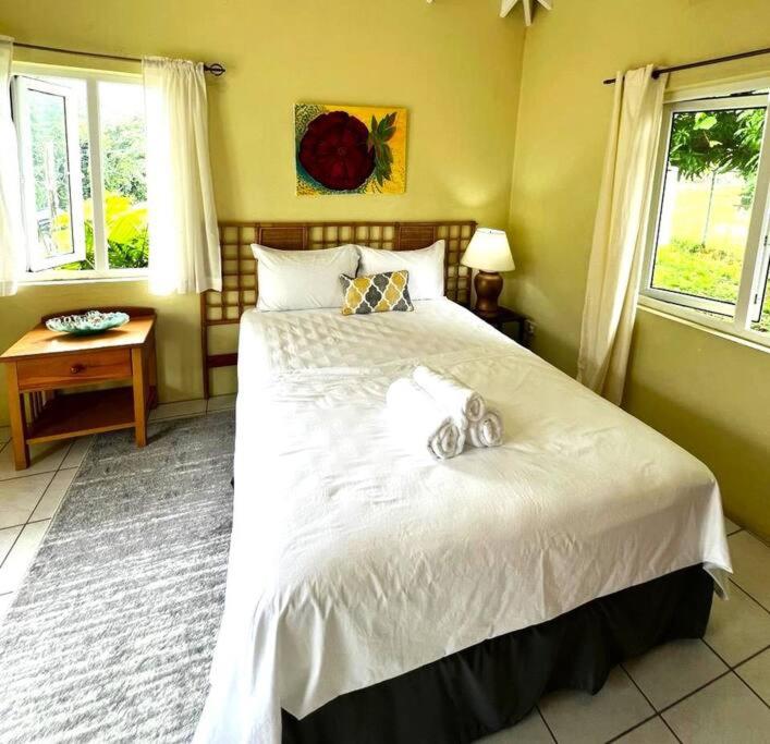 a bedroom with a large bed with white sheets and windows at Kay Marni: Your Saint Lucian home in Gros Islet
