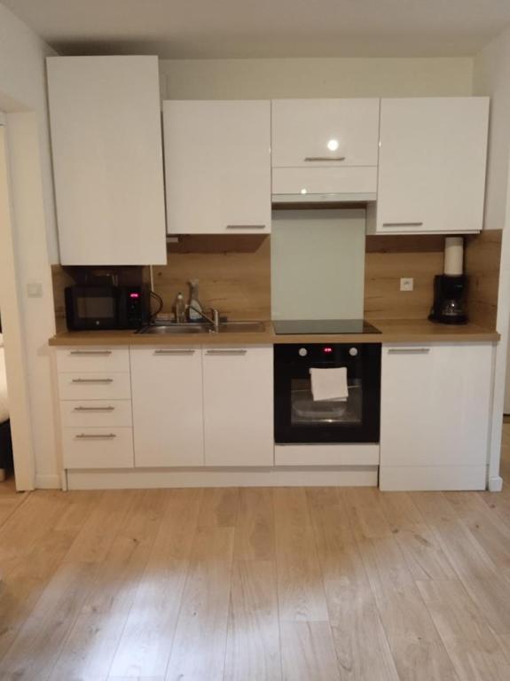 La cuisine est équipée de placards blancs, d'un évier et d'un four. dans l'établissement Jolie T2 - très grande terrasse, à Thonon-les-Bains