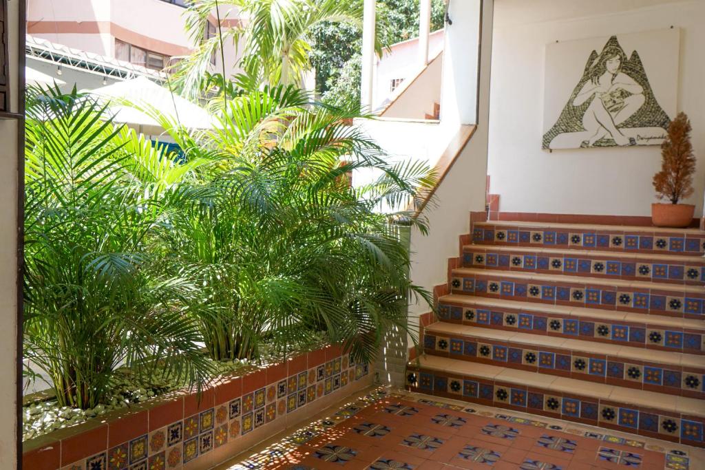 un escalier avec des plantes dans un bâtiment dans l'établissement Hostal Paraiso Tayrona, à Santa Marta