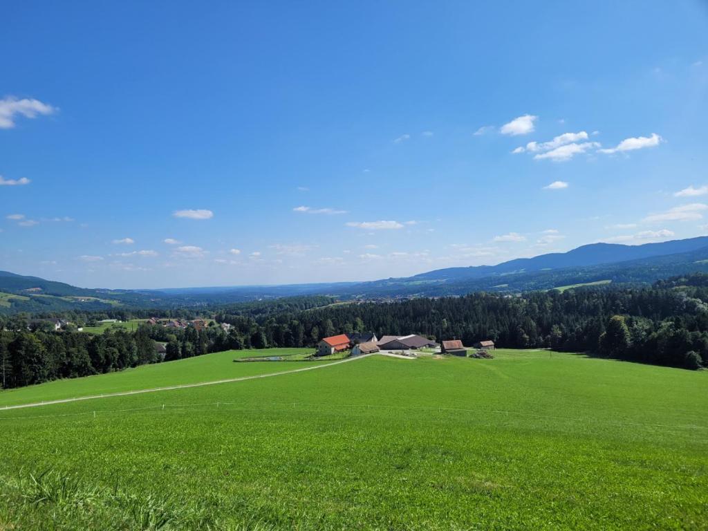 un campo verde con una casa sopra di esso di Pircherhof - Adults Only am Bauernhof a Pöllau