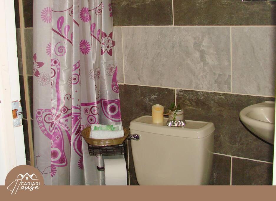 y baño con aseo y cortina de ducha. en Full house, 11BR, 12BA, 10 min from SJO Airport, en Heredia