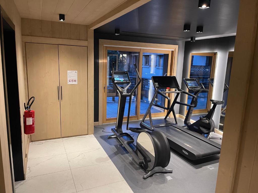 a gym with cardio equipment in a room at GESPERE LE STELLA in Les Gets