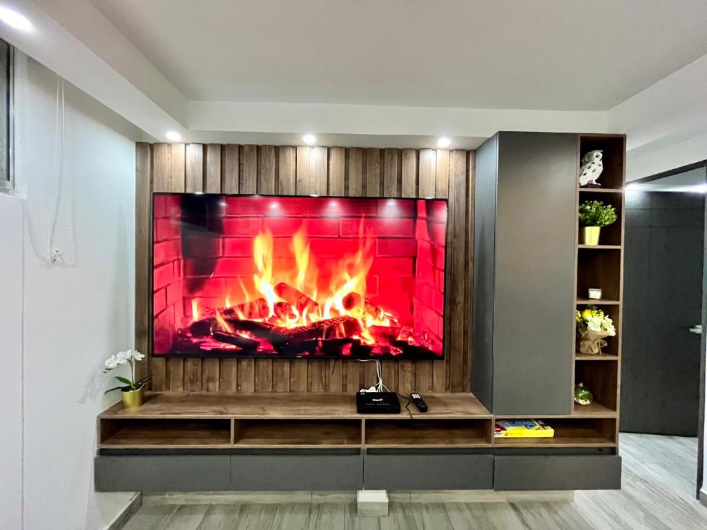 a fireplace in a living room with a fire at Elegante apartamento en Neiva in Neiva