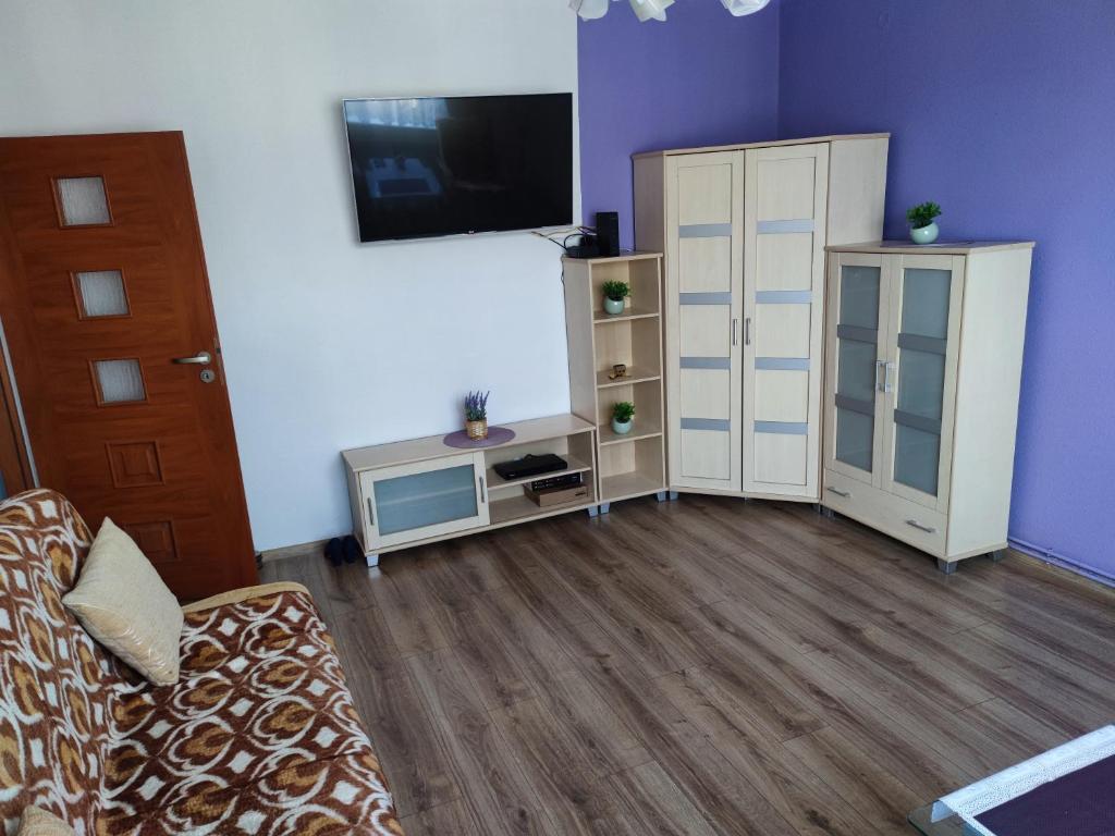a living room with a couch and a tv and a cabinet at Apartament Jaśminów in Ruda Śląska