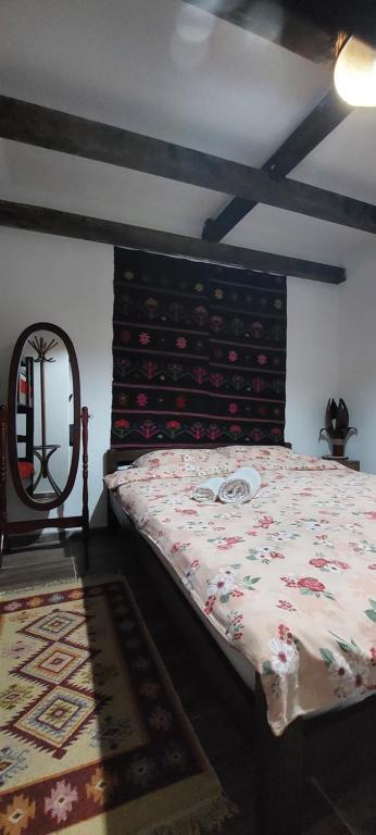 a bedroom with a bed and a mirror and a rug at Golemi kamik Pirot Vlasi 2 in Pirot