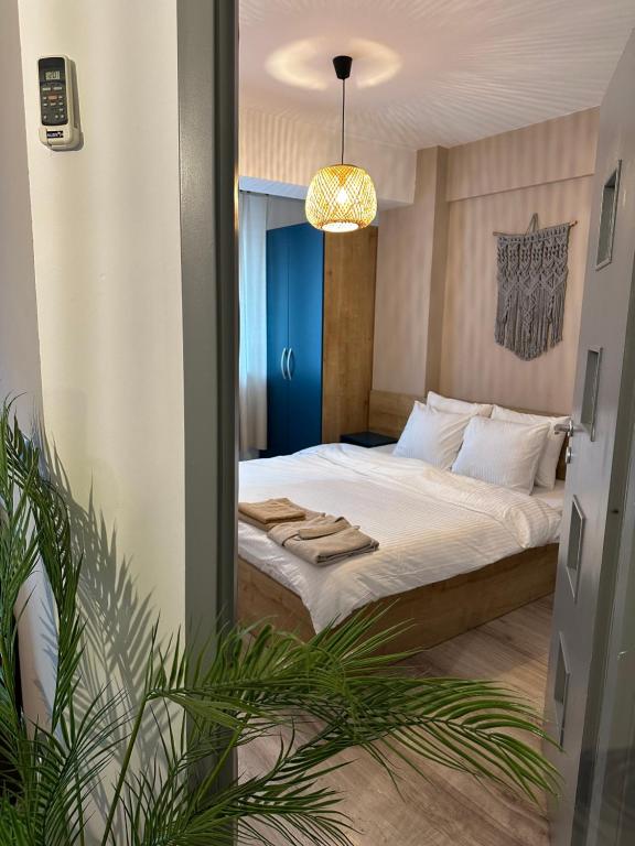 a bedroom with a bed and a potted plant at Modern flat - apartament nou aproape de Spital și Aeroport in Iaşi