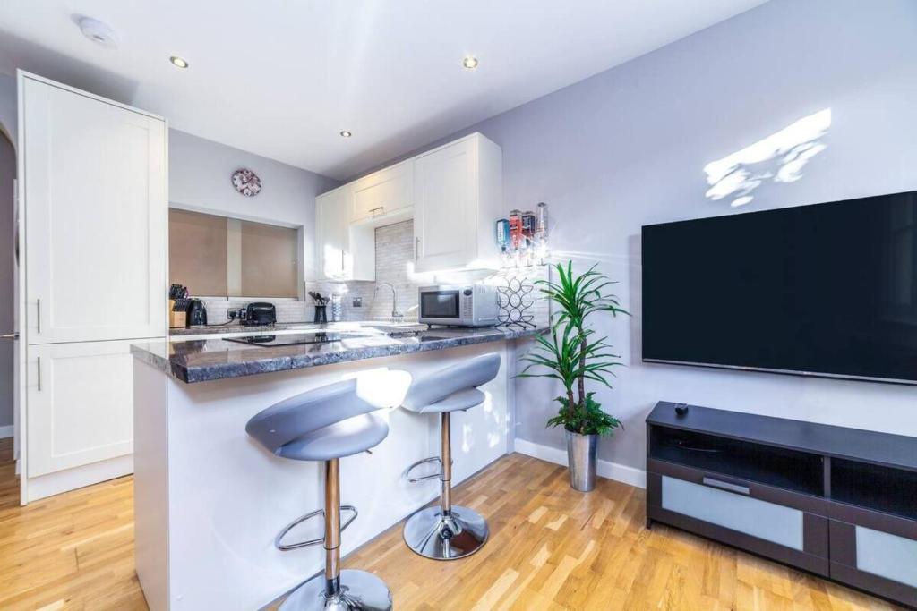 una cucina con bar e TV a schermo piatto di Cosy 1-bedroom apartment - Putney High Street a Londra