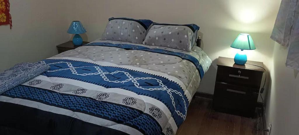 a bedroom with a bed with blue lamps on a nightstand at Mi casa tu casa. My house in La Paz