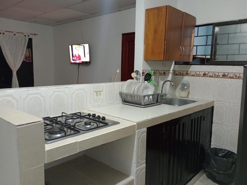 Kuchyň nebo kuchyňský kout v ubytování Apartamentos Poseidon