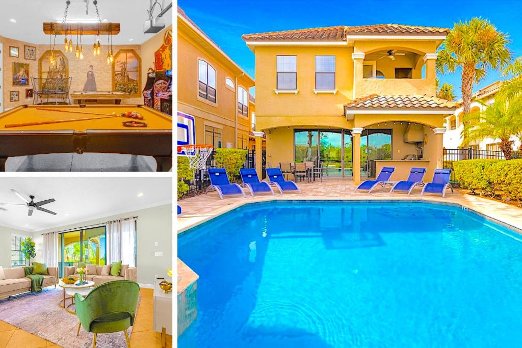 uma colagem de fotos de uma casa com piscina em Elegant Disney Vacation Home on Reunion Resort em Kissimmee