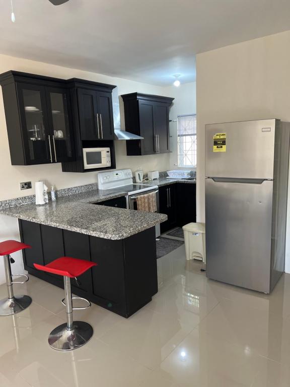 una cucina con armadi neri e frigorifero in acciaio inossidabile di Mandeville luxury a Mandeville