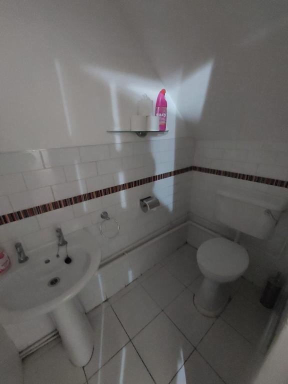 La salle de bains blanche est pourvue d'un lavabo et de toilettes. dans l'établissement swagger, à Tilbury