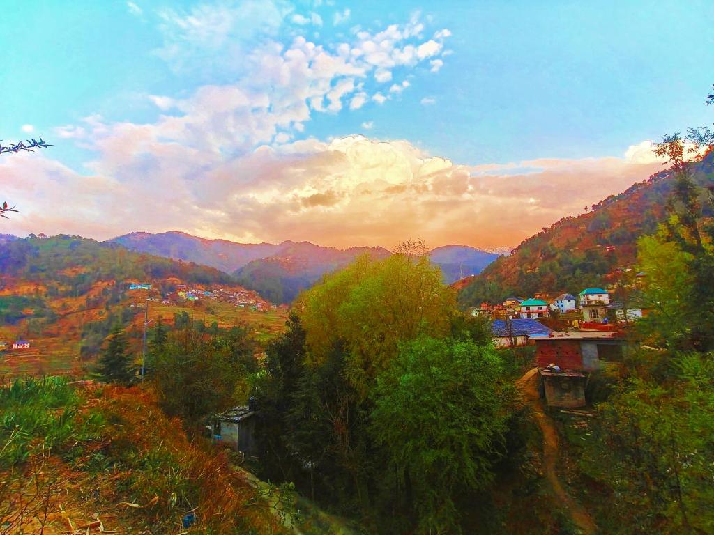 Blick auf einen Berg mit Bäumen und eine Stadt in der Unterkunft Hotel Hill Valley, Ooty in Udagamandalam