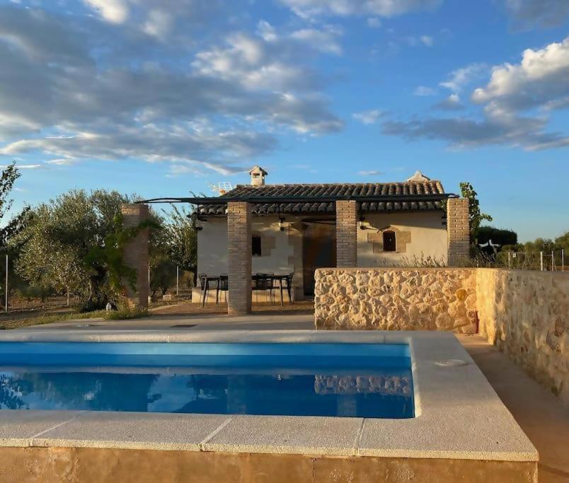 una casa con piscina frente a una casa en Casita rural entre olivos, en Biar