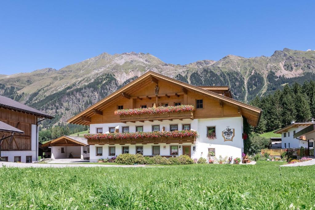 a house in a field with mountains in the background at Joggelehof in Ridanna