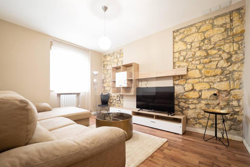 Vive Oviedo II Apartamento في أوفِييذو: غرفة معيشة مع أريكة وجدار حجري