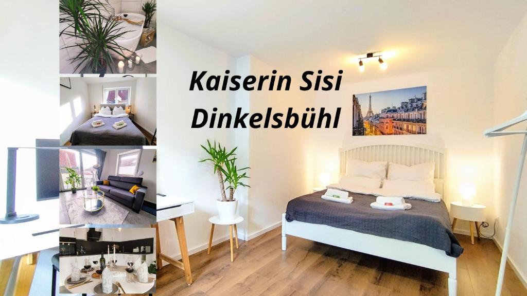 un dormitorio con una cama y un cartel que lee kashwegian hermana drinkbush en Kaiserin Sisi für bis zu 6 - Arbeitsplatz, Badewanne, Parkplatz, Waschmaschine en Dinkelsbühl