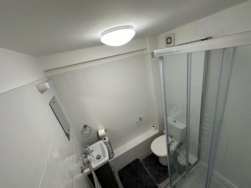 W łazience znajduje się toaleta i przeszklony prysznic. w obiekcie Comfort w mieście Colchester