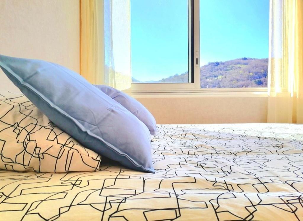 1 cama con 2 almohadas y ventana en F2 Lumineux avec vue- Puy-de-Dôme à 10 min - Parking gratuit en Royat