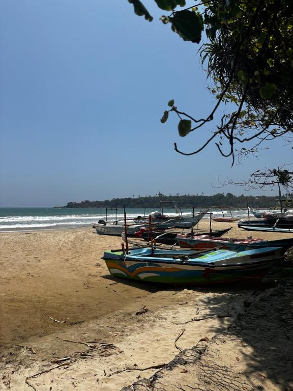 un gruppo di barche sedute sulla spiaggia di Varan Mawella Beach Guest House a Tangalle